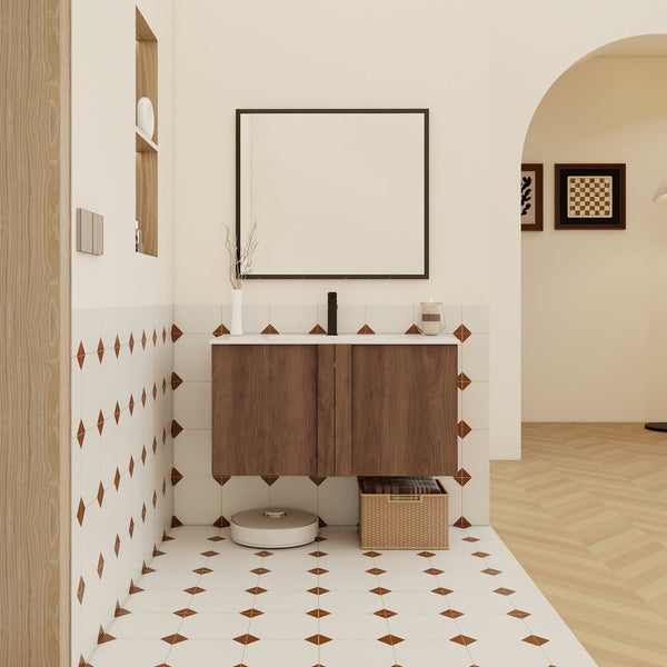 English Elm 36" Floating Bathroom Vanity Light Oak Modular Cabinet with Gel Coat Integrated Sink Brown Ebony,Glossy White W3450S00066
