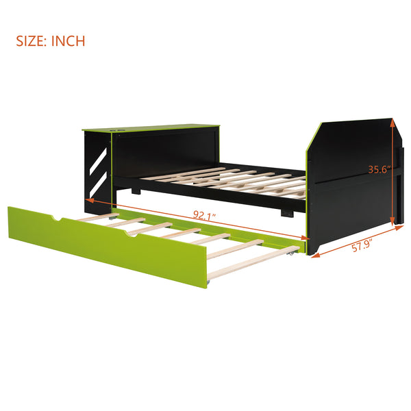 English Elm Full Size Wood Daybed with Twin Trundle Desk and Usb Charging for Teen Rooms Green LT000262AAG