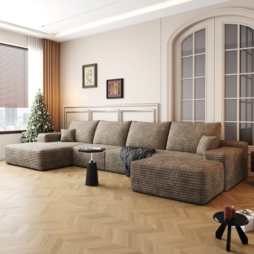 English Elm 135" Cloud Sectional Sofa With Ottoman - Modern Minimalist U-Shaped Design In Plush Camel Corduroy W2824S00058