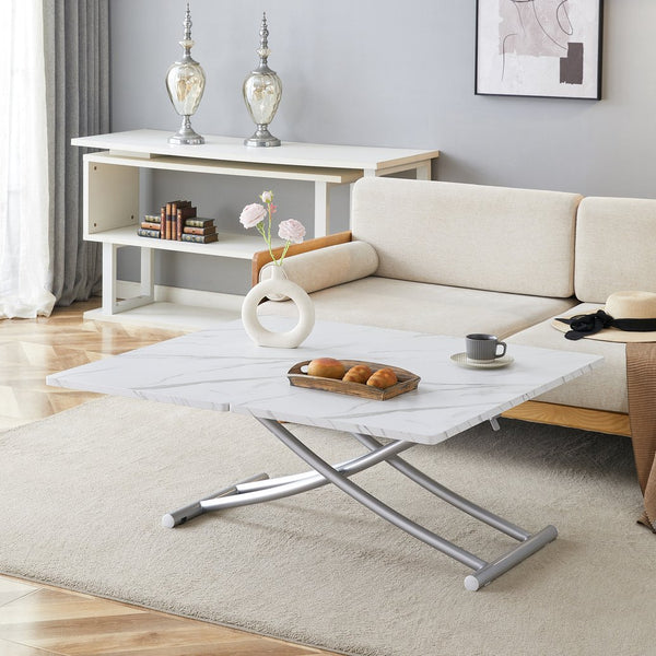 English Elm Modern multifunctional lift table with 0.8" MDF top, adjustable 18.3–29" silver legs, versatile coffee/dining/study use W1151P271527