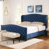 English Elm Marcella Upholstered Shelter Headboard Bed Set, King, Dark Sapphire Blue Woven