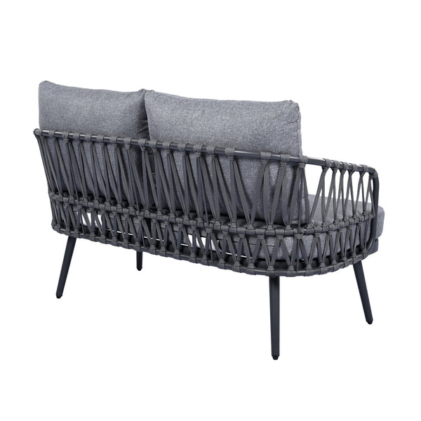 English Elm Christopher Knight Home® - 4-Piece Outdoor Patio Set with Woven Rope U-Back, Steel Frame, Thick Cushions & Acacia Table for Garden Black+Grey N780P209458G