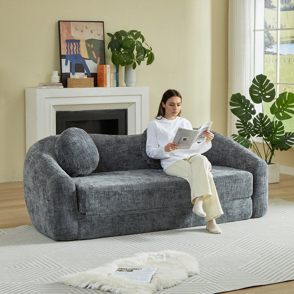 English Elm 86-inch Curved Chenille Convertible Sofa Recliner Frameless Folding Two-seater for Living Room Grey W3505P452818