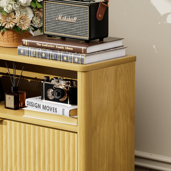 English Elm Shoe Cabinet Slim Entryway Organizer with Flip Compartments Wave Front and Gold Hardware Natural W1162P384348