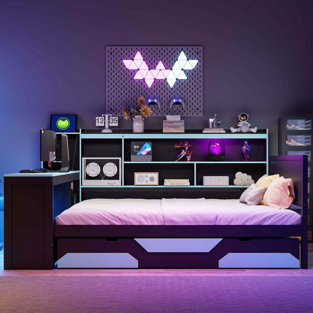 English Elm Full Size Gaming Bed Frame with Desk Led Lights Storage Drawers and Charging Station Black+Blue LP000289AAC