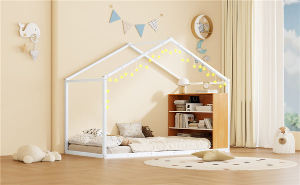 English Elm Twin House Bed Frame with Shelves & Built-In Lights, Metal-Wood Design for Creative Kids' Rooms White N737P176708K