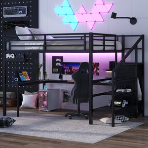 English Elm Twin Xl Metal Loft Bed with Stair Storage Shelves Sturdy Steel Frame for Dorms W1580S00545