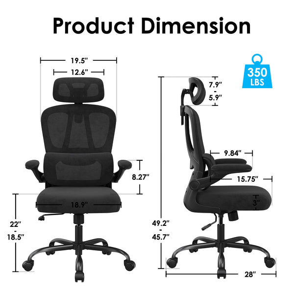 English Elm Ergonomic Mesh High Back Desk Chair with Lumbar Support Flip up Arms and Headrest Black T3623P434266