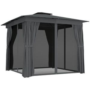 English Elm Canopy Outdoor Gazebo Steel Frame Double Tier Polyester Roof with Mesh Curtain Panels Black,Dark Gray T3971P459069
