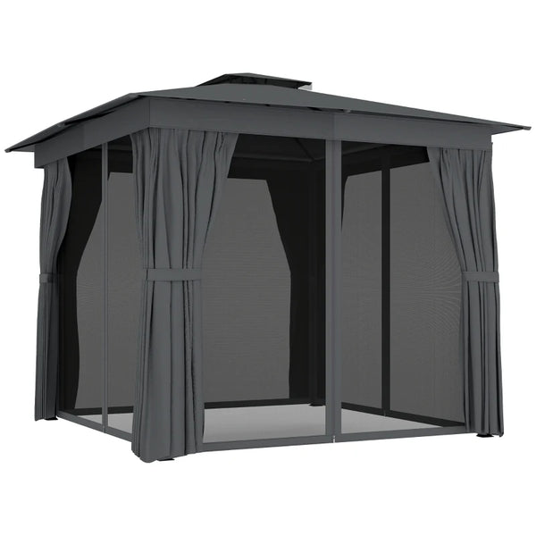 English Elm Canopy Outdoor Gazebo Steel Frame Double Tier Polyester Roof with Mesh Curtain Panels Black,Dark Gray T3971P459069