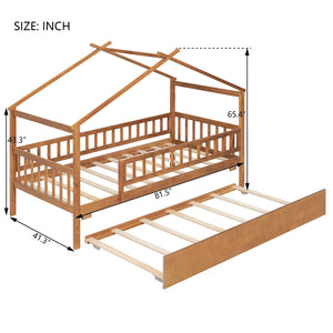 English Elm Twin House Bed with Trundle Solid Pine Frame Walnut Kids Bedroom Sleepover N708P357115L