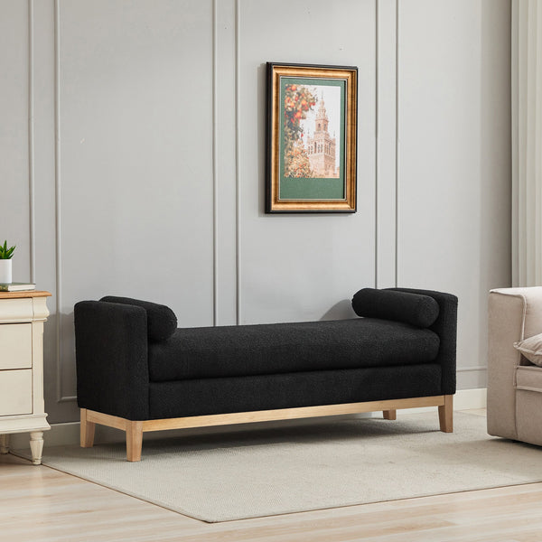 English Elm 66.34"W Elegant Upholstered Bench & Daybed, Soft Black Boucle, Natural Wood Legs & Bolster Pillows W3188S00019