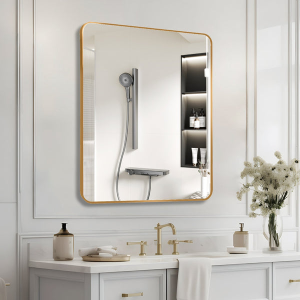 English Elm Gold 30x36 Rectangular Bathroom Mirror – Brushed Aluminum Alloy Frame, Shatterproof HD Glass, Easy Install W2203P310396