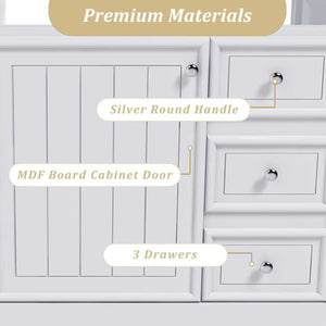 English Elm 36-inch white bathroom vanity without sink — solid wood frame, 1 cabinet, 3 drawers, quiet hardware, shelf W509P347341