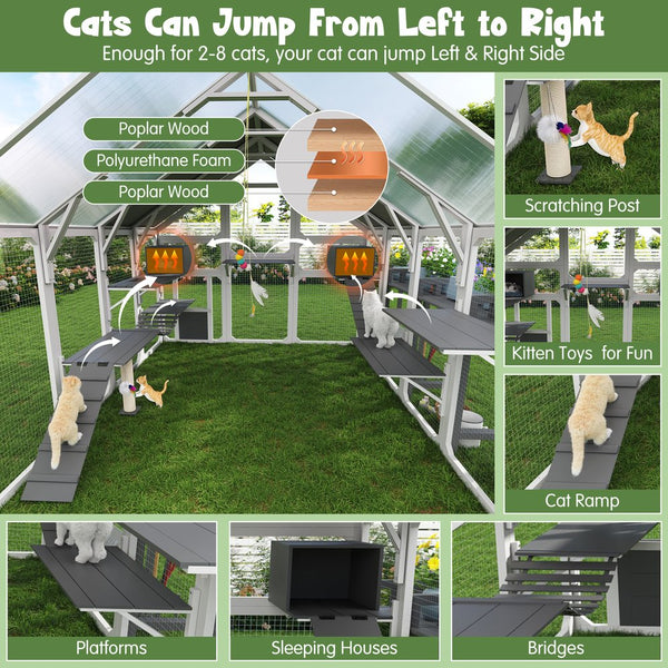 English Elm Large Walk-in Pine Wood Catio Enclosure with Platforms Resting Boxes and Planter Grey,White N704G201619K