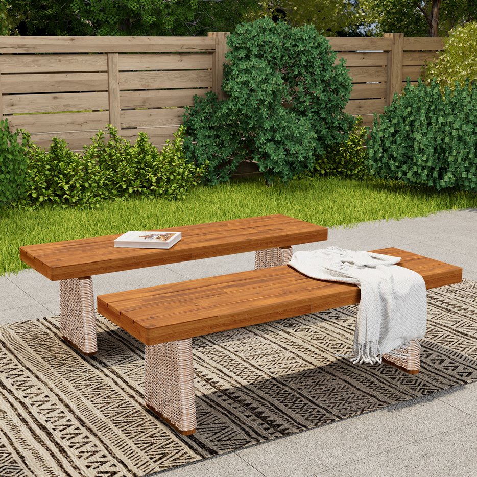 English Elm Christopher Knight Home® - Outdoor Acacia Wood Bench Set Of 2 - Stylish Teak Finish With Brown Wicker Accents For Comfort N773P286715B