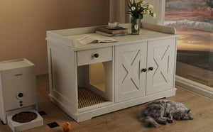 English Elm GO Cat Litter Box Enclosure with Storage Drawer & Mat, Farmhouse White Indoor Cat House Side Table N704P265258K