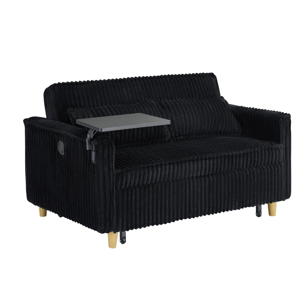 English Elm The pull-out and push-in corduroy sofa with convertible bed, movable tabletop and built-in USB ports Black W3371P316046