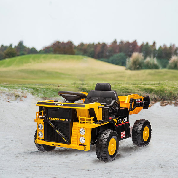 English Elm Qaba 12v Kids Dump Truck Ride on with Electric Bed Shovel and Spring Suspension W2225P249822