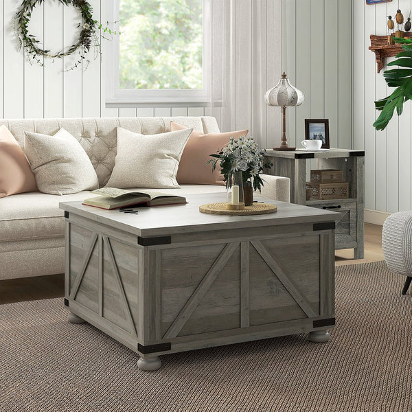 English Elm HOMCOM Farmhouse Coffee Table with Flip Lift Top and Hidden Storage, Square Center Table, Rustic Charm Gray W2225P217440