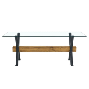 English Elm Elegant Transparent Tempered Glass Dining Table 79"x31.5" with X-Frame Black Metal Legs, Sleek MDF Beam, Seats 6-10 W1151S03586