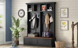 English Elm Rattan Door Hall Tree Bench with 6 Hooks Farmhouse Entryway Storage Black + Dark Walnut N721S000076B