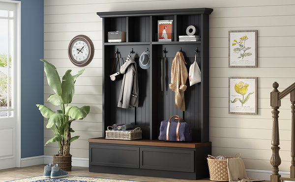 English Elm Rattan Door Hall Tree Bench with 6 Hooks Farmhouse Entryway Storage Black + Dark Walnut N721S000076B