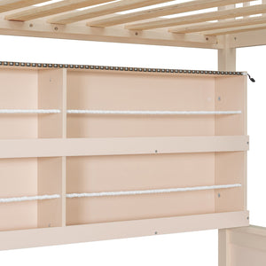 English Elm Full Xl Over Queen Bunk Bed Pinewood Frame with Led Lights Shelving Pegboard Beige LT000279AAA