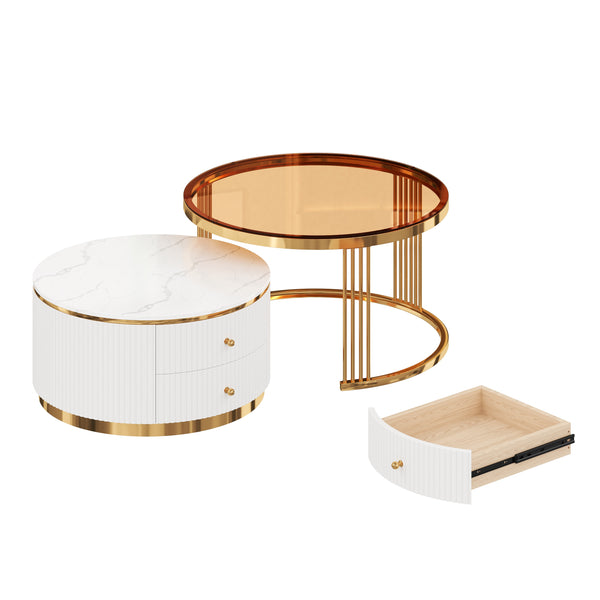 English Elm Modern Round Nesting Coffee Table Set with Gold Pedestal Legs and Storage Drawers Brown,White N735P349323D