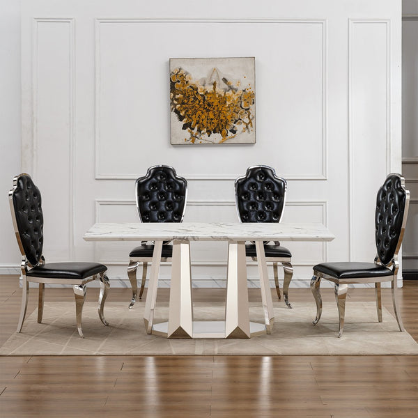 English Elm Marble Dining Table For 6 – Modern Rectangular Faux Marble Top With Sleek Stainless Steel Base W3456S00014