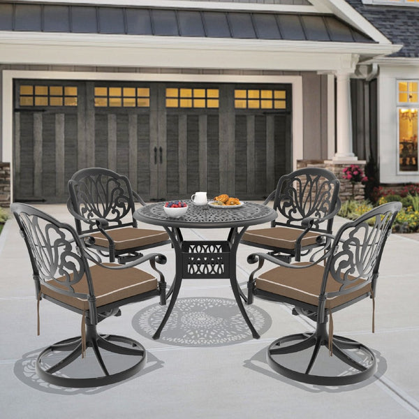 English Elm 5-Piece All-Weather Cast Aluminum Dining Set With 4 Swivel Chairs & Round Table For Outdoor Enjoyment P1 W1710S00433-GIGA