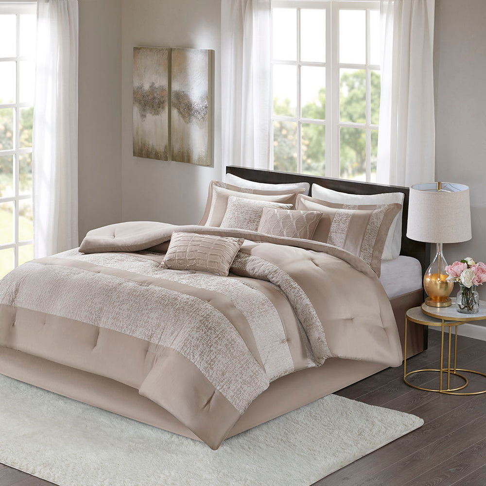 JLA Home Madison Park - 7 Piece Chenille Jacquard Comforter Set Taupe — Plush Textured Stripes, Embroidered Pillows & Machine Washable Luxury MP10-6033