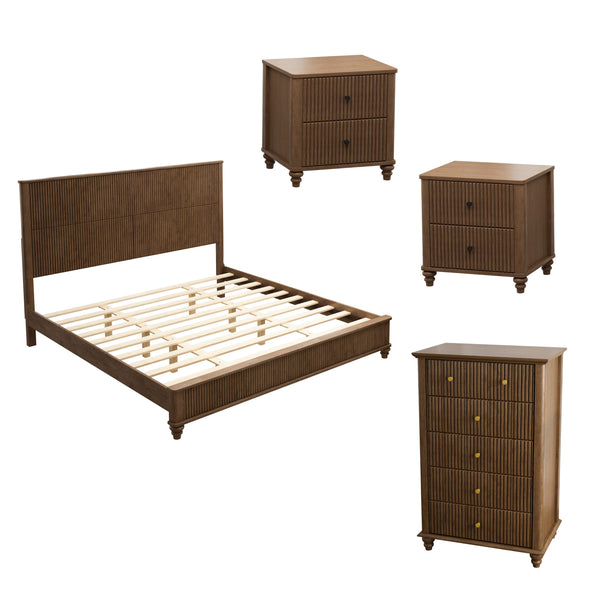English Elm 4-piece King Bedroom Set Wavy Fluted Panel Solid Wood Dresser Nightstands Beige W1716S00028