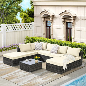 English Elm 8 Piece Modular Wicker Sectional Set with Tempered Glass Table for Patio Resort Style Beige W874S00057