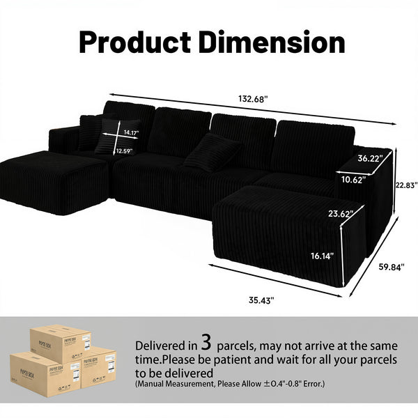 English Elm Modular U-Shaped Sectional Sofa – 132-Inch 4-Seater With Reversible Chaise In Black Corduroy Fabric W3276S00016