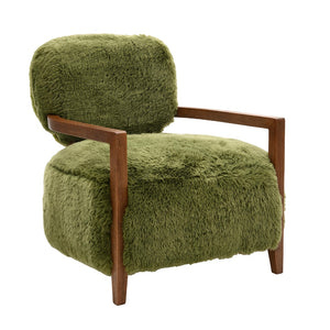 English Elm 1Pc Accent Chair - Plush Green Faux Fur With Walnut Arms, Cozy Contemporary Design For Any Room B2741P401374