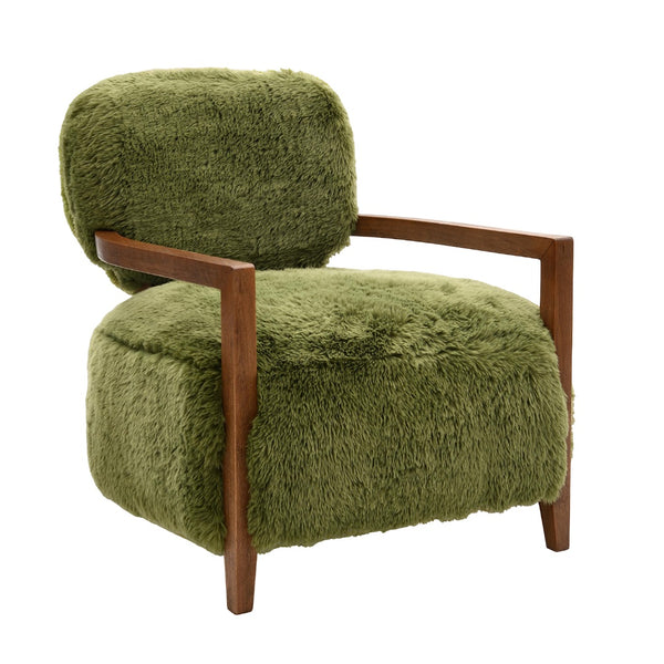 English Elm 1Pc Accent Chair - Plush Green Faux Fur With Walnut Arms, Cozy Contemporary Design For Any Room B2741P401374