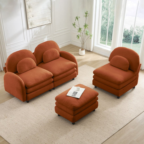 English Elm Teddy Fleece Modular Cloud Sofa Plush Curved Sectional with Ottoman for Living Room Orange W5656S00097