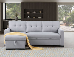 English Elm Tufted Linen Sectional Sleeper Sofa with Storage Ottoman and Reversible Chaise Gray B2730S00052