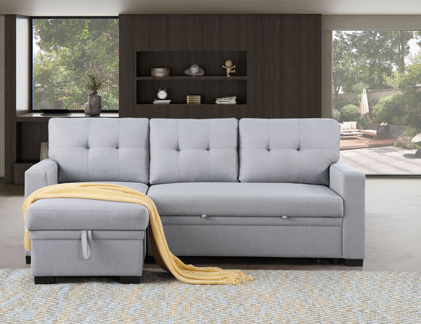English Elm Tufted Linen Sectional Sleeper Sofa with Storage Ottoman and Reversible Chaise Gray B2730S00052
