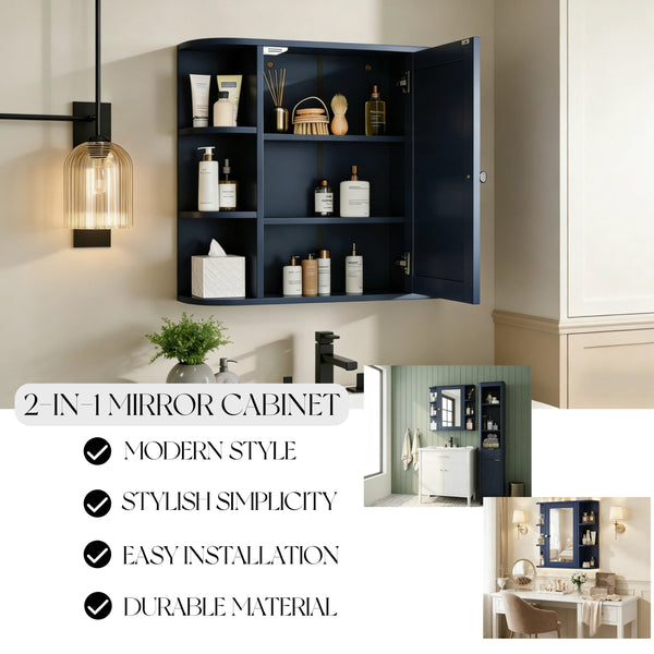 English Elm Bathroom Wall Cabinet with Mirror Door Open Shelving and Adjustable Interior Storage Blue N817P375228B