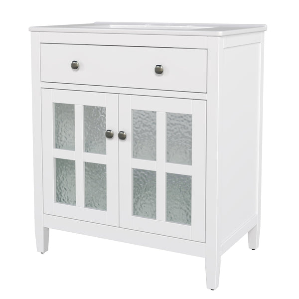 English Elm Christopher Knight Home® - 30" Bathroom Vanity with Ceramic Sink, Solid Wood Legs, Adjustable Shelf, Tip-Out Tray, Soft-Close Hinges, Silver Knobs, Moisture-Resistant Finish White N817P286250W