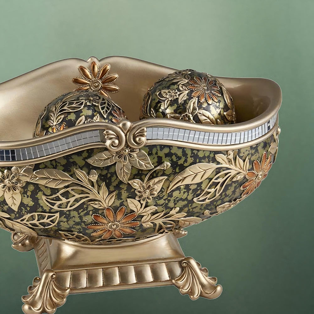 English Elm 8.25 Inch Polyresin Pedestal Fruit Bowl with Chrysanthemum Floral Motif and Spheres B072116017