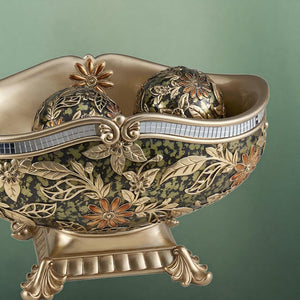 English Elm 8.25 Inch Polyresin Pedestal Fruit Bowl with Chrysanthemum Floral Motif and Spheres B072116017