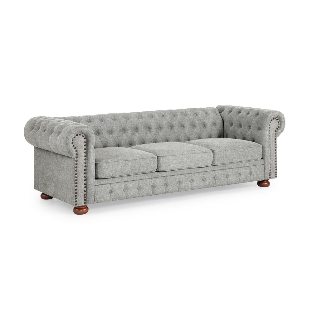 English Elm Chesterfield Linen Tufted 3-Seater Sofa with Scrolled Arms and Nailhead Trim, Durable Plywood Frame Gray W1413S00094