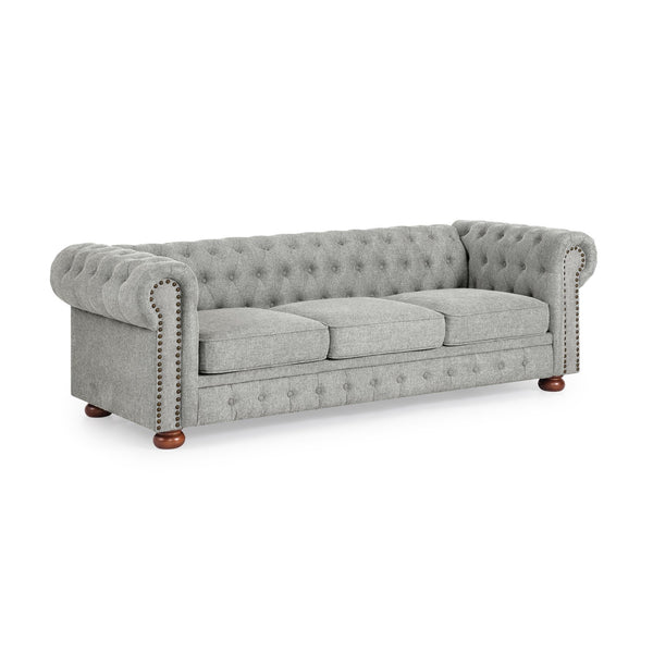 English Elm Chesterfield Linen Tufted 3-Seater Sofa with Scrolled Arms and Nailhead Trim, Durable Plywood Frame Gray W1413S00094
