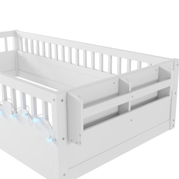 English Elm Twin Montessori Floor Bed Frame with High Rails and Built-In Light Shelf for Safe Independent Sleep White 79.13 L x 13 W x 6.3 H W2593P333565