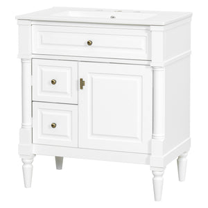 English Elm 30" Freestanding Bathroom Vanity Rubberwood Frame Ceramic Sink Flip Drawer Storage White N725P356062K