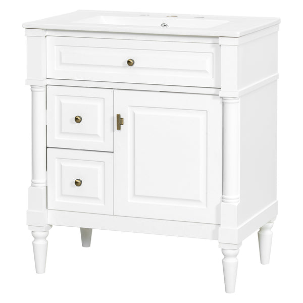 English Elm 30" Freestanding Bathroom Vanity Rubberwood Frame Ceramic Sink Flip Drawer Storage White N725P356062K