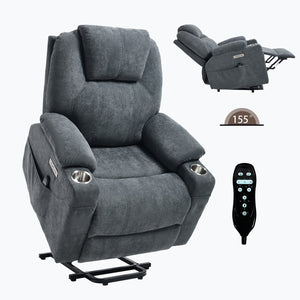 English Elm Up to 350 Lbs Chenille Power Lift Recliner with Massage Heating and Usb Charging Ports Grey W3224S00025